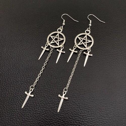 Pentagram Swords Earrings Silver Plated Huggie Hoops Dangle Witchy Jewelry Pagan Wiccan Tarot Gothic Emo Women Gift
