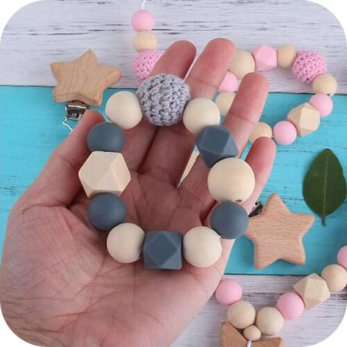Baby Pacifier Clip Handmade Silicone Wood Bracket Pacifier Clips Teething Nursing Teething Holder Soother Chain Baby Teether Toy