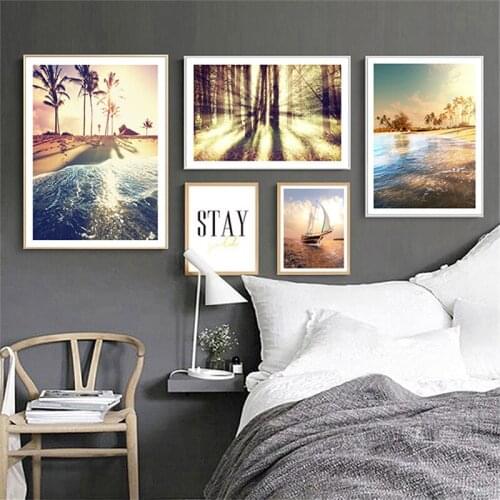 Nordic Natural Landscape Letter Ocean Waves Boat Cloud Forest Sunlight Canvas Painting Wall Picture Poster Living Room Decor