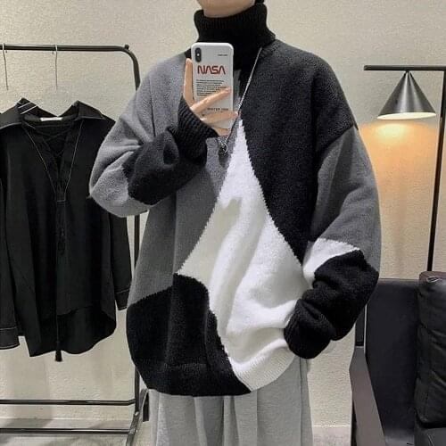 Patchwork Sweaters Men Turtleneck Sweaters Oversized Men Streetwear Korean Fashion Clothing Mens Sweater Winter Long Sleeve