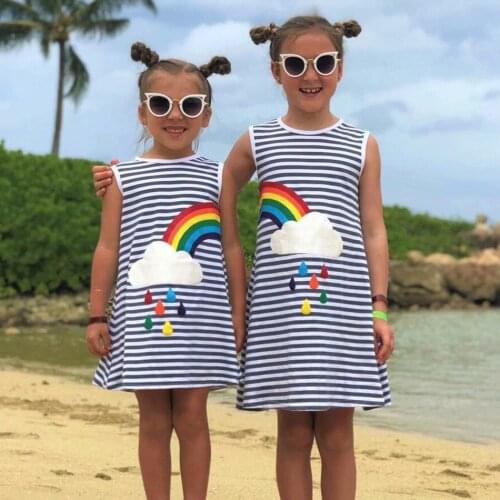 VOGUEON New Summer Girl Stripe Dress Fashion Cute Sleeveless Rainbow Print Children Clothes Sister Dresses For Holiday 1-6 Years