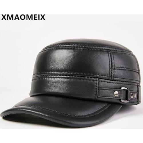 XMAOMEIX 2021 New Spring Natural Leather Hat Mens Flat Cap Army Military Hats Snapback Cap Adjustable Size Cowhide Leather Caps