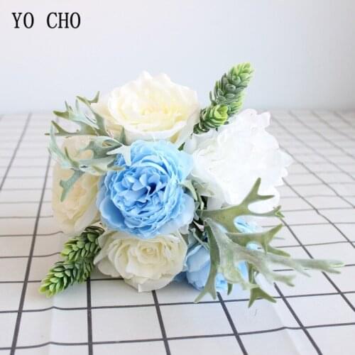 YO CHO Rose Bouquet Bridesmaid Wedding Bouquet Artificial Silk Flower Peony Staghorn Fern Succulents Leaves Blue Wedding Flowers