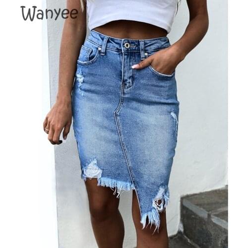 Womans New Trendy Retro Washed Irregular Denim Female Summer High Waist Skirts Elastic Hip Jeans Personality Ripped Hem 2021