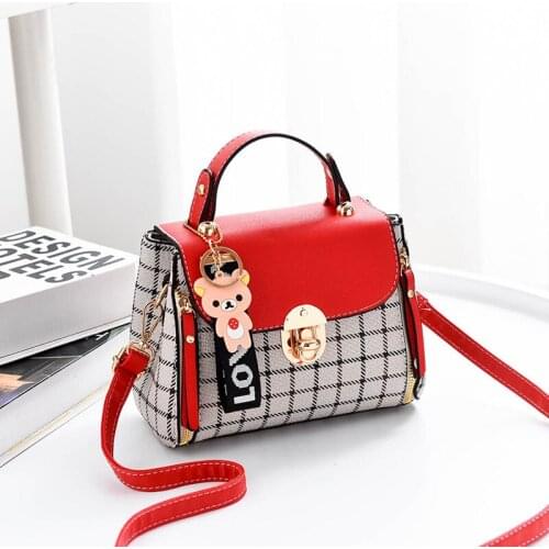 Women Handbag Cartoon Decoration Pu Tote Plaid Female Shoulder Bags Girls' Gift Purse Handbag