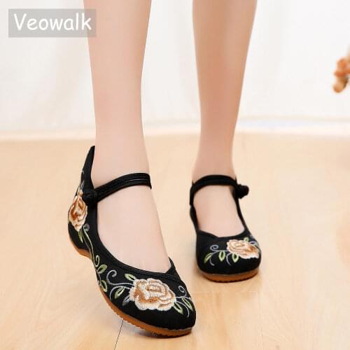Veowalk Ankle Strap Women Canvas Embroidered Ballet Flats, Chinese Style Ladies Casual Comfort Walking Shoes Cotton Ballerinas