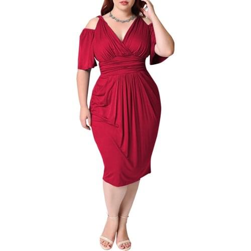 Women Fashion Graceful Sexy Plus Size Sexy Cold Shoulder V Neck Cocktail Party Midi Dress for Party Dating