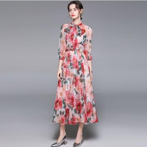 ZUOMAN Women Spring Elegant Floral Chiffon Dress Festa High Quality Wedding Party Robe Femme Vintage Bow Designer Vestidos
