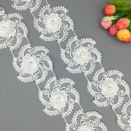 20x Pearl 3D Flower Embroidered Lace Trim Applique Trimming Ribbon Fabric Sewing Craft Patches Handmade Wedding Dress Decoration