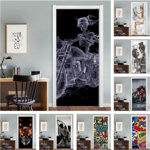 Skull Motorcycle 3D Door Sticker Self-Adhesive PVC Abstract Wallpaper Bedroom Decoration Poster Wall Decal DIY Personality Mural