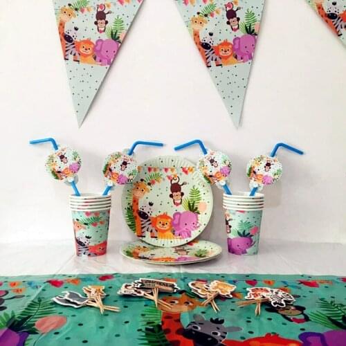56PCS/set Lovely Cartoon Colorful Animal Zoo Party Supplies Tableware Sets For Kids Holiday Birthday Party Decoration Supplies
