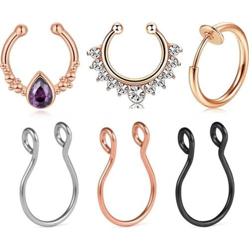 JFORYOU 6 Pcs Fake Nose Rings Faux Septum Rings Stainless Steel Fake Cristal CZ Non Pierced Clip Nose Hoop Faux Body Piercing