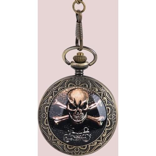New Fashion Bronze Punk Pocket Watches Antique Western Pirate Skull Embossed Design Case QUARTZ Watch Roman Dial Fob Watch