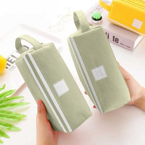 Portable Pencil Case Simple Solid Color Striped Double-Layer Stationery Storage Bag Student Creative Large-Capacity Pencil Case