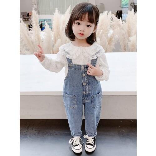 Kids Baby Spring Clothes Set 2021 Korean Style Girls Doll Collar Lace Blouse+Denim Overalls 2Pcs Suits Children Outfits