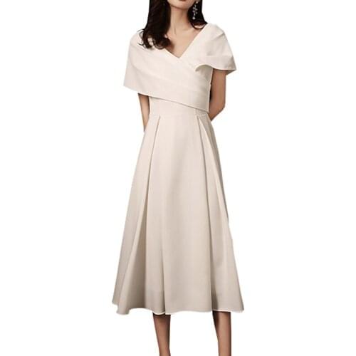 2020 Elegant Short Sleeve Long V-Neck Slim High Waist Women Pure Color Party Dress White Vestidos