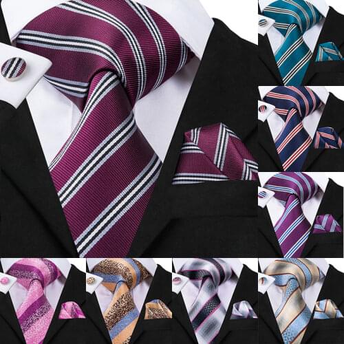 Hi-Tie 8.5cm Mens Striped Ties for Men Quality 100% Silk Ties Handkerchiefs Cufflinks Business Men Tie Set Fashion Red Necktie