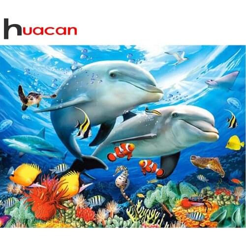 Huacan New Full Square Diamond Painting Dolphin Kit 5D DIY Diamond Embroidery Mosaic Animal Decor For Home