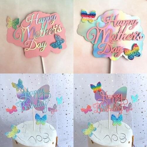 Laser Butterfly "Happy Birthday" "Happy Mothers Day" Cake Topper Dessert Decoration For Birthday Party Gifts Cake Decorations