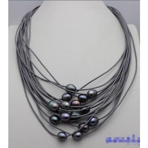 Hot sale Women Bridal Wedding Jewelry black freshwater pearl 15strand gray Genuine leather cord necklace19-23"