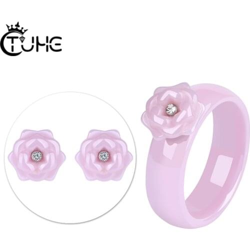 New Romantic Cut Jewelry Sets Wedding Jewelry Exquisite Handmade Rose Ceramic Material Zirconia Earring Ring Set Jewelry Gift