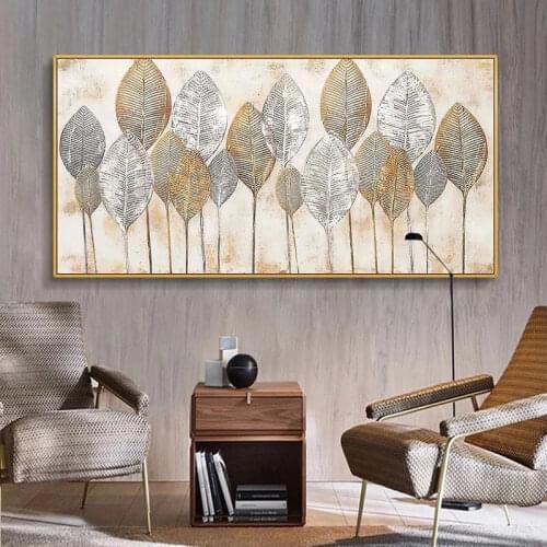 Abstract Golden Leaves Wall Art Posters Painting Prints on Canvas Big Size Decorative Picture for Living Bedroom Home Decoration