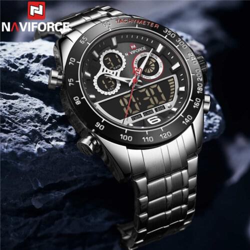 NAVIFORCE LED Watches Men Top Brand Luxury Silver Stainless Steel Sports Male Clock Digital Quartz Military Man Wristwatch 9188