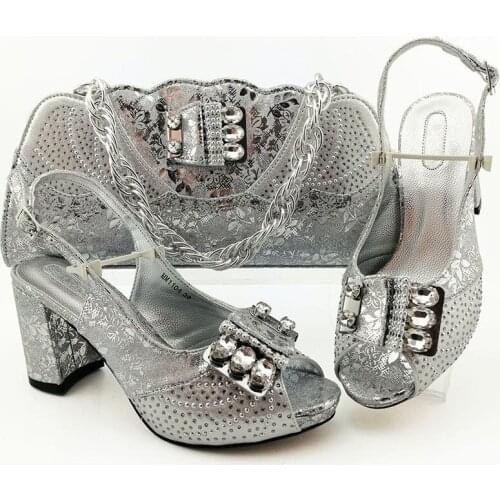 Newest PU Style Women Silver Color Shoes And Bag To Match Set Fashion Rhinestone High Heels Shoes And Bag Set For Wedding