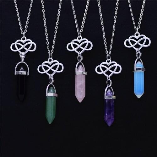 New Antique Silver Color Infinity Heart Amethyst Quartz Rose Green Crystal Natural Stone Pendant Necklace Women Wedding Jewelry
