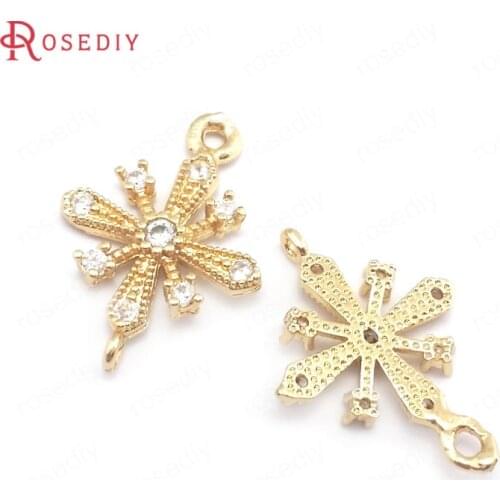 39913)10PCS 13x19MM 24K Champagne Gold Color Brass and Zircon 2 Holes Snowflake Connect Charms Pendants Jewelry Making Supplies