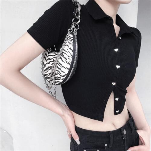 Ruibbit Gothic Hot Girls Love Button Slim Turn-down Neck Short T-shirt Summer Sexy Punk Women Black Pullover Shirts