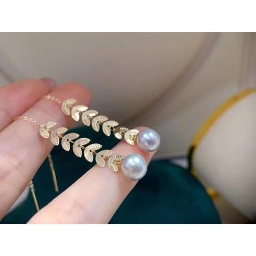 D614 Pearl Earrings Fine Jewelry Solid 18k Gold Round 8-9mm Nature Fresh Water Gray Pearls Drop Dangle Earrings for Women