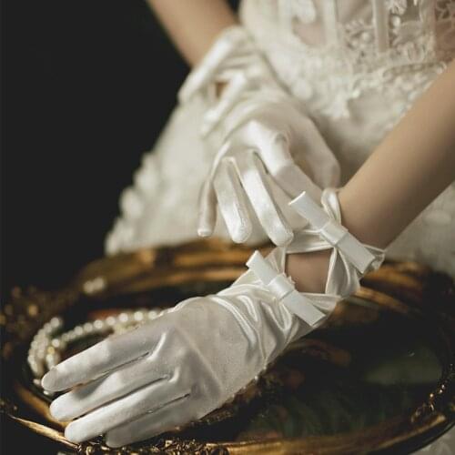 Bridal White Gloves Wedding Ceremony Tulle Mesh Semi Sheer Lace Short Bow Charm Gloves Female Marriage Engagement Ceremony Party