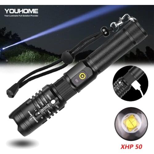 Super Powerful LED Flashlight XHP50 Zoomable Handlamp Waterproof Torch USB Rechargeable Ultra Bright Lantern For Hunting Camping