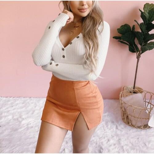 Spring Women Knitton Button Decor Sexy Sweater Long Sleeve Solid Low Cut V Neck Basic Slim Club Pullover Lady Sweater
