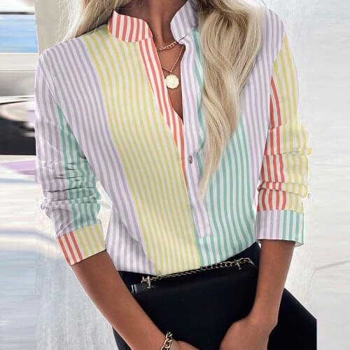 2021 New Casual Autumn Colorful Striped Print Women Blouses Button Stand Collar Ladies Fashion Long Sleeve Streetwear Shirt