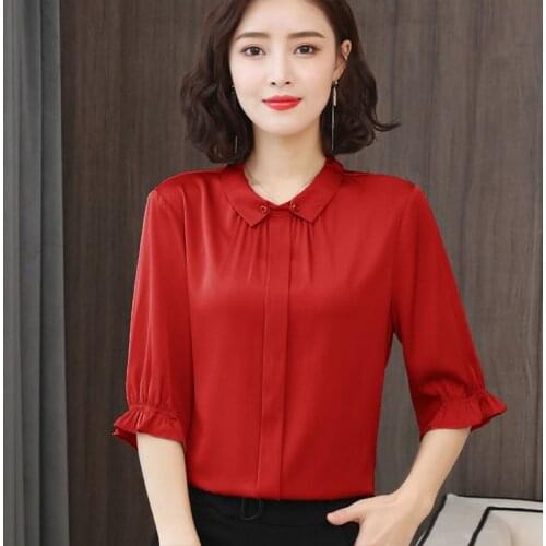 Womens Spring Summer Style Chiffon Blouses Shirts Womens O-neck Half Sleeve Solid Color Button Casual Tops SP728