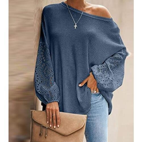 Women tshirts pure color loose Casual tops Sexy hollow out long sleeved off shoulder Tops Female Tee Blouses Chic 2021 Autumn