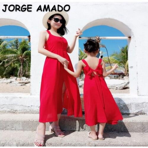 2021 New Summer Family Matching Dress Red Open Back Sexy Holiday Beach Slim Fit Sling Sundress Mum Daughter Matches Suit E2109