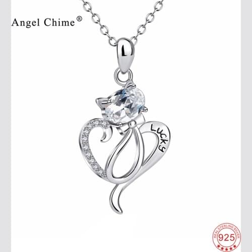 Women Fashion 925 Sterling Silver Lovely Cat Choker Necklace Love Heart Cute Cat Crystal CZ Pendant Necklaces Collier Kolye