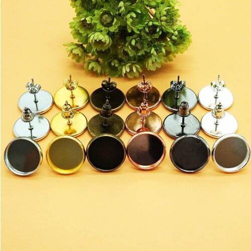 20pcs/lot 8-16mm Gold silver black Bronze Plated Iron Earring Studs(with Ear plug) Base Fit Glass Cabochons earring backs