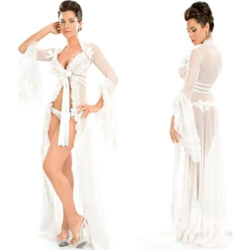 2021 Illusion Women Lace Wedding Robes See Through Long Sleeve Lingerie Sleepwear Bridesmaid Nightgown Bathrobes Sexy Lingerie