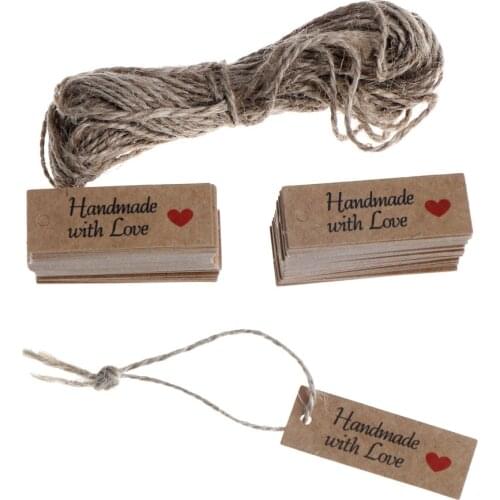 10Meters Handmade With Love Garment Labels Lovely Paper Tags Rope Paper Card Tag Labels Party Favors Gift 100PCS
