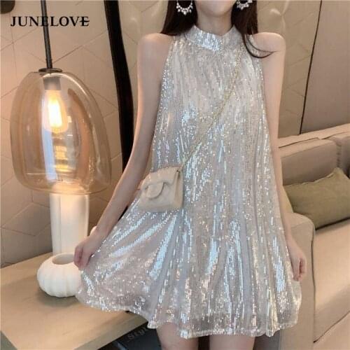JuneLove 2020 Backless shiny sequined party dress women Sexy short halter strapless dress vintage female A-line vestidos silver