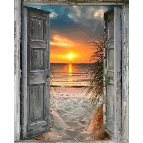 40x50cm Frame Painting By Numbers for Adults Handmade DIY Framed Front Door Beach Scenery Paint By Number Arts