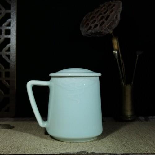 Coffee Mugs Teacups 12oz Cup with Lid Chinese Porcelain Drinkware Embossed with Auspicious Clouds Microwave and Dishwasher Safe