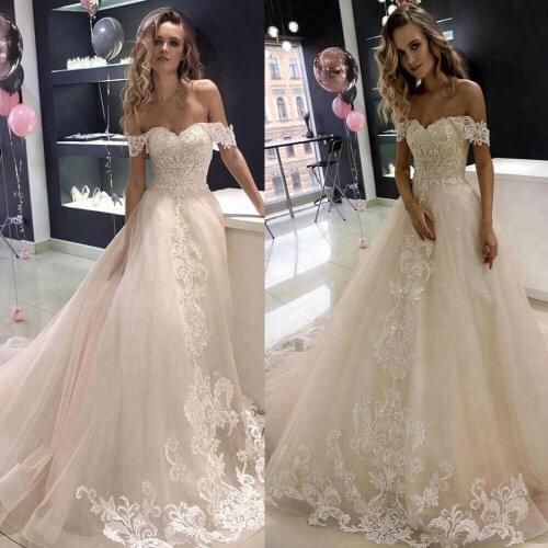 2020 Plus Summer Beach Wedding Gowns Off Shoulder Lace Appliqued Bridal Dress Sweep Train Backless BohemianTulle Wedding Dress