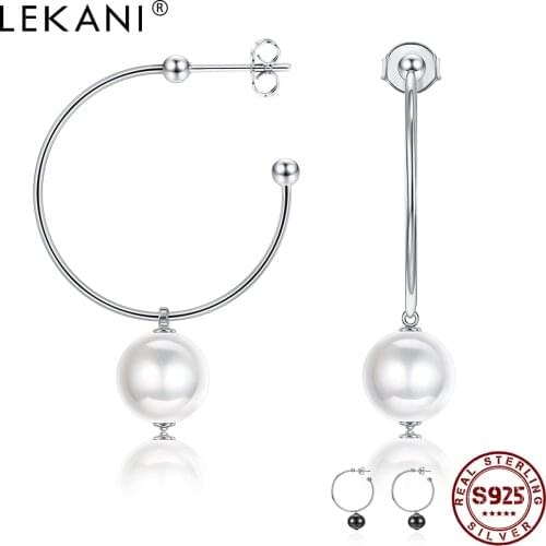 LEKANI S925 Sterling Silver Earrings For Women 2 Colors Trendy Hanging Pearl Earrings Hoops Female Anniversary Fine Jewelry