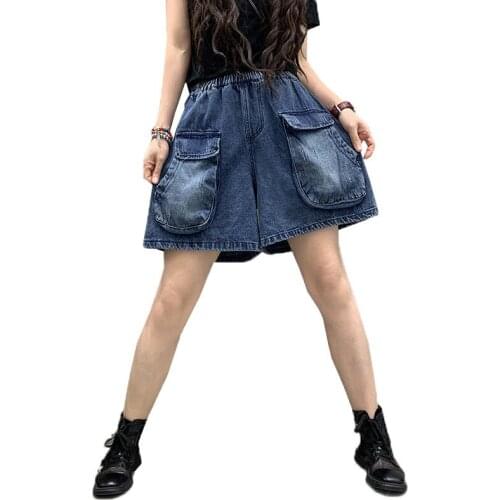 Summer High Waist Denim Shorts Jeans Women Korean High Waisted Wide Leg Shorts Female Thin Elastic waist Streetwear Lady Jeans