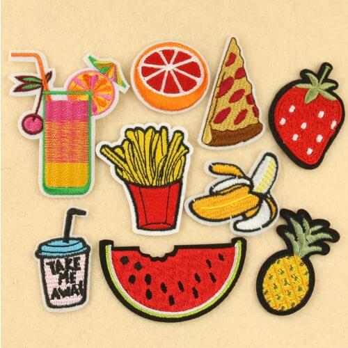 Lovely Cartoon Childrens Clothing Patch Decorate Strawberry Watermelon Pineapple Fries Pizza Embroidery Food Fruits Embroidery